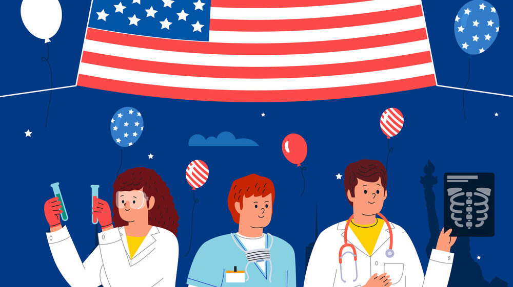 a doctors image with us national flag