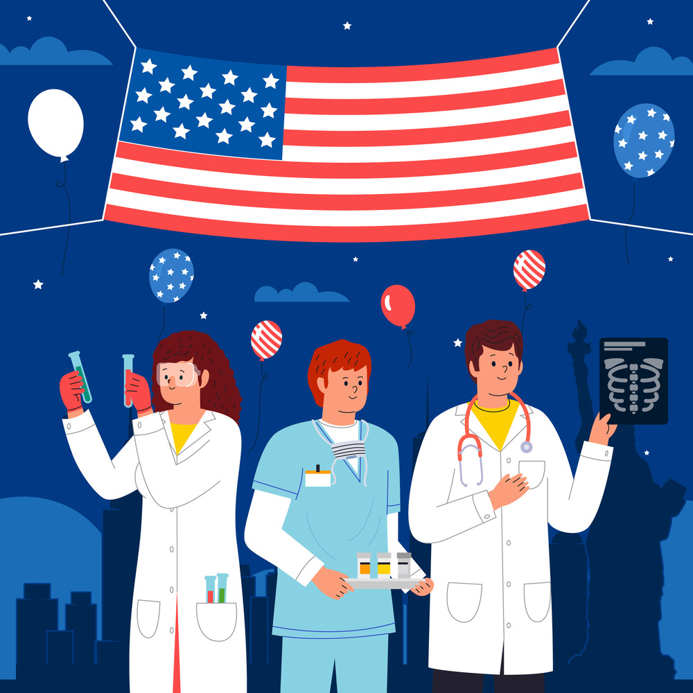 a doctors image with us national flag