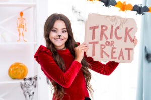 Halloween trick or treat card showing girl