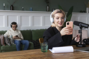 A lady using mobile for communication pr learning