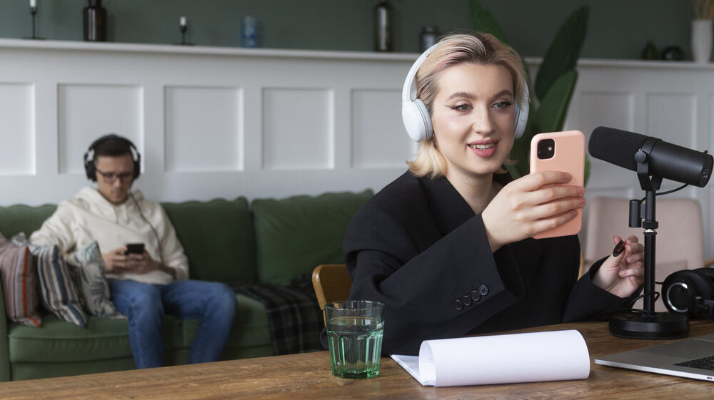 A lady using mobile for communication pr learning