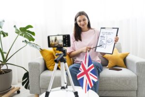 Young woman teaching english lessons online